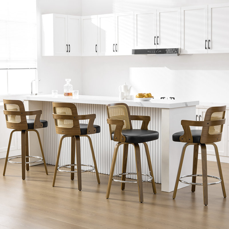Upholstered Cane Back Counter & Bar Stool With Armrest, Black, 4