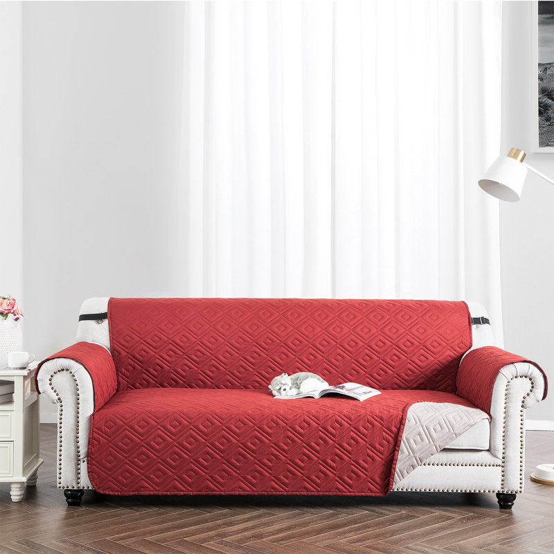 Microfiber / Microsuede Box Cushion Sofa Slipcover, 179cm H x 280cm W, Burgundy/Beige
