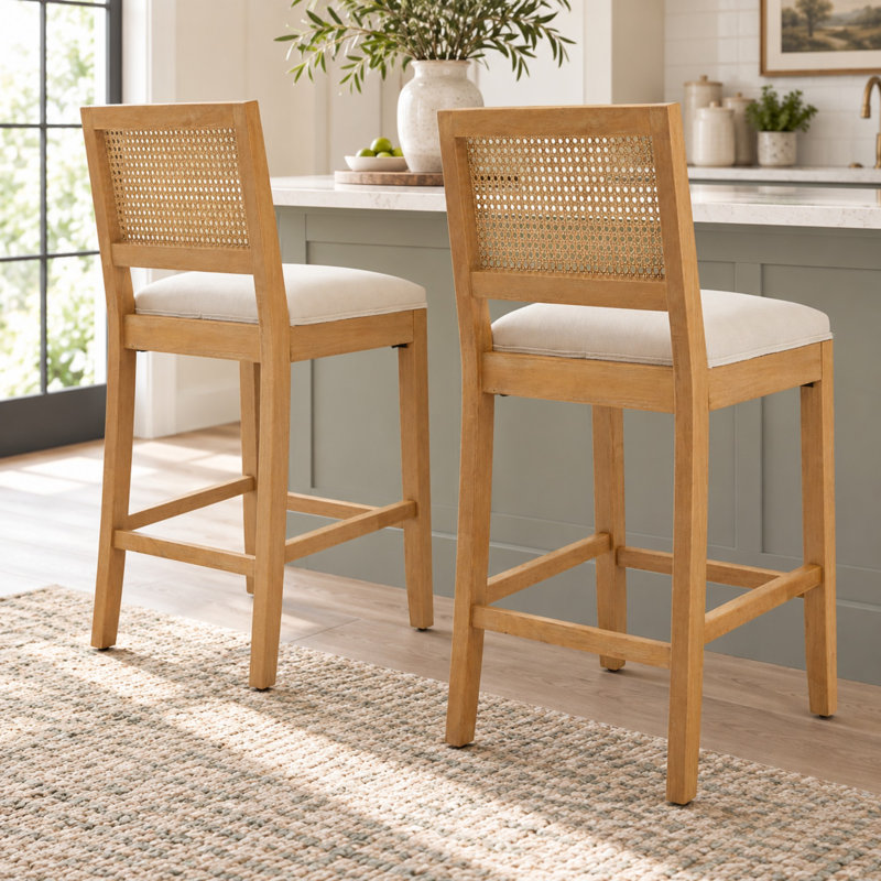 Ensemble de 2 tabourets de bar en rotin avec structure en bois massif, Brun; Beige