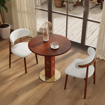 Φ Table de salle à manger ronde rétro en noyer de 80 cm avec base en laiton et bois massif. Table avec pieds en bois et base dorée, table pour 2 personnes pour petit espace