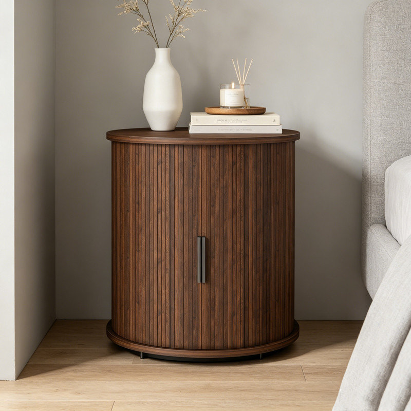 Table d'appoint cylindrique moderne du milieu du siècle avec station de charge intégrée et porte coulissante, table de chevet ronde à 2 niveaux avec ports USB, table de chevet en noyer pour salon, chambre à coucher, entrée