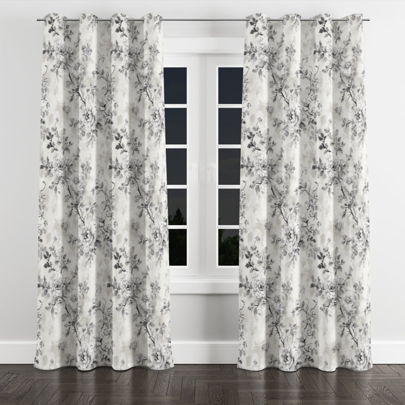 French Country Room Darkening Curtains - Grey Vintage Toile Grommet Curtain - 1 Panel, 52" W x 63" L, Silver Grommets