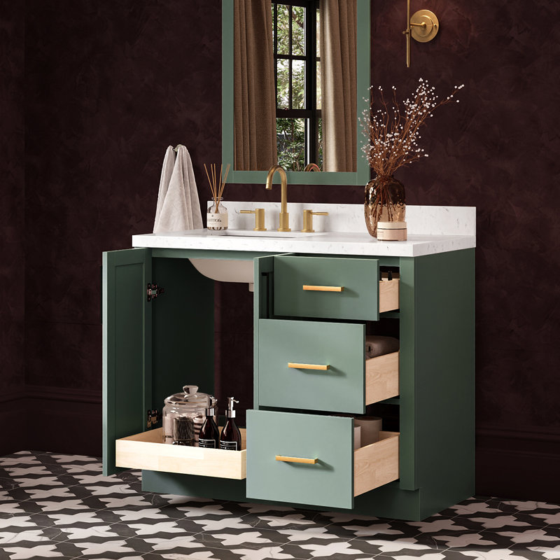 Meuble-lavabo rectangulaire simple décalé à gauche de 42 pouces avec comptoir en quartz blanc de Carrare de 1,5 pouce, couleur vert vintage