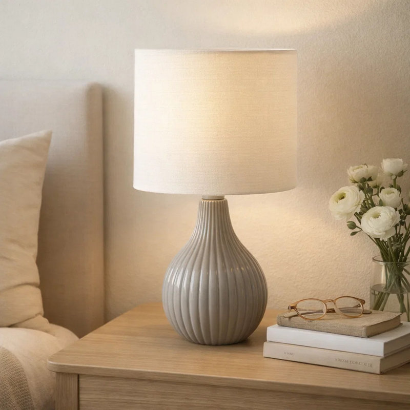 Nix Table Lamp, 17 Inch, Ivory Drum Shade, Ribbed Gray Ceramic Base, Ivory/Gray