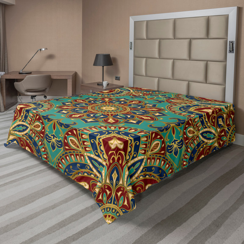 Ambesonne Mandala Top Flat Sheet Oriental Teal Indigo Ruby, Full Flat Sheet