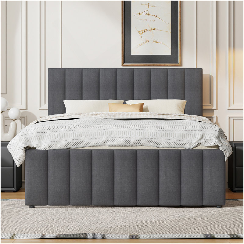 Lit plateforme double tapissier avec lit gigogne simple et 3 tiroirs, tissu en lin, gris