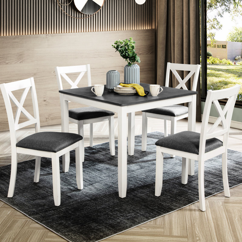 Ensemble de salle à manger 5 places avec 4 chaises, design moderne, gris et blanc, bois massif, plateau chauffant, montage facile pour petits espaces, 4 places assises confortables, à monter soi-même.