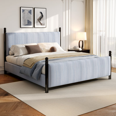 Tove Striped Upholstered Bed with High Headboard & Rubberwood Frame