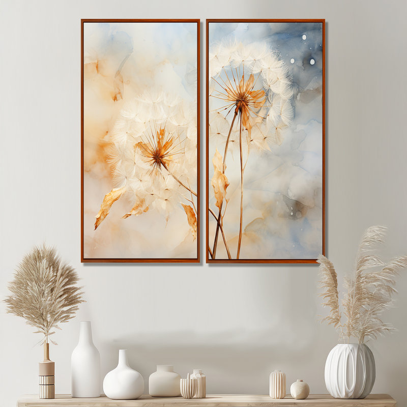 Pissenlit pétale pureté - ensemble d'art mural traditionnel de 2, 32" H x 32" W, Impression encadrée flottante, Brown