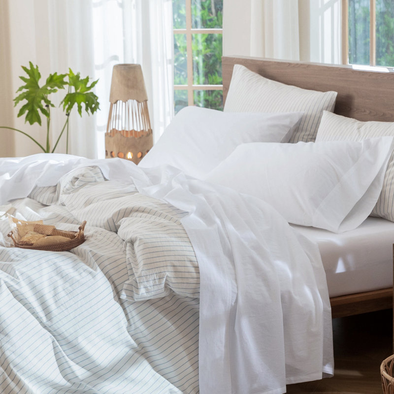 100% Washed Cotton Sheet Set Extra Deep Pocket Linen Like Textured, King Sheet Set with 2 Pillowcases, Bright White