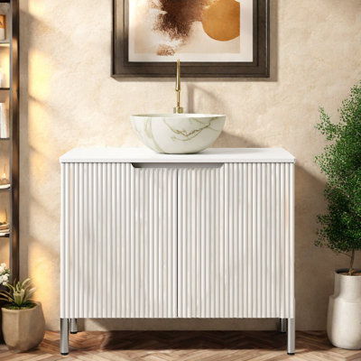 Meuble-lavabo moderne 30 po avec lavabo en marbre blanc de Carrare et rangement spacieux
