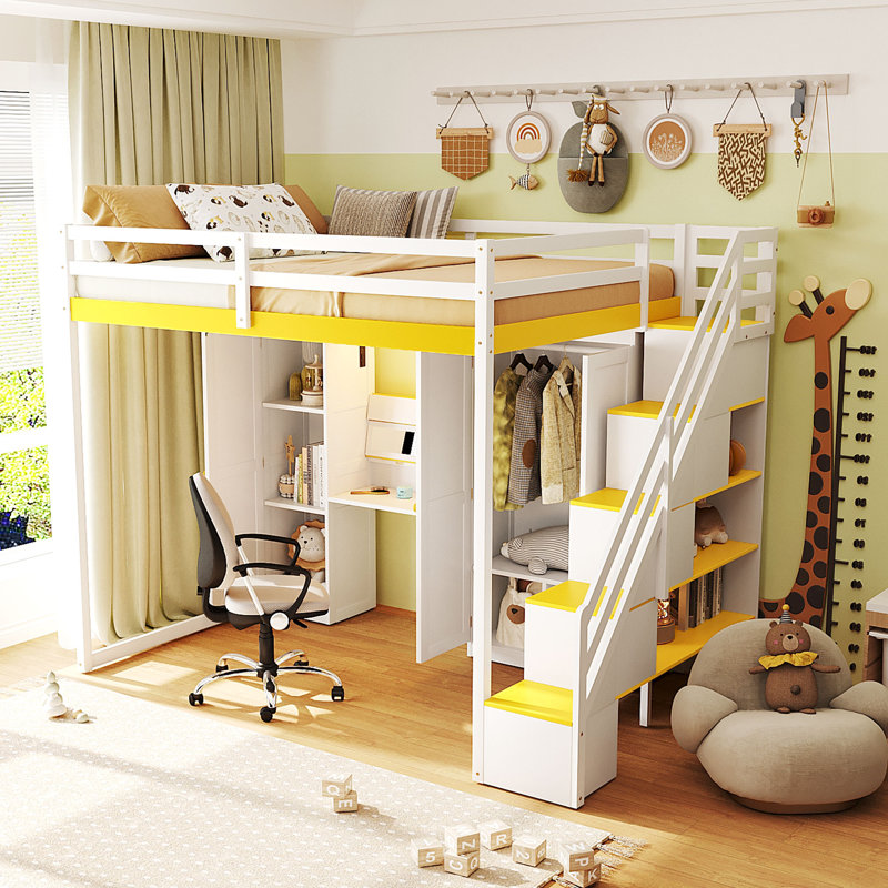 Lit mezzanine double pour lit double avec bureau, peu encombrant, bois, table et garde-robe avec DEL, contemporain, chambre d'enfant