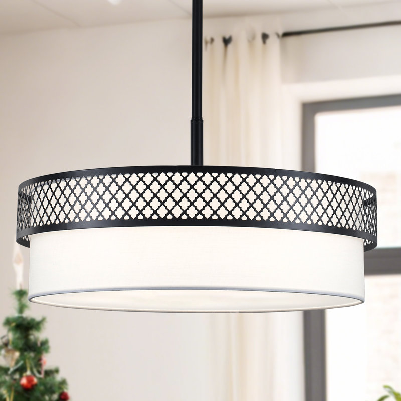 5 - Light 21.57" Dimmable Linen Shaded Drum Chandelier With Cut-Out Design Frame For Kitchen Island Living Dining Rooms Entryway Hallway Foyer