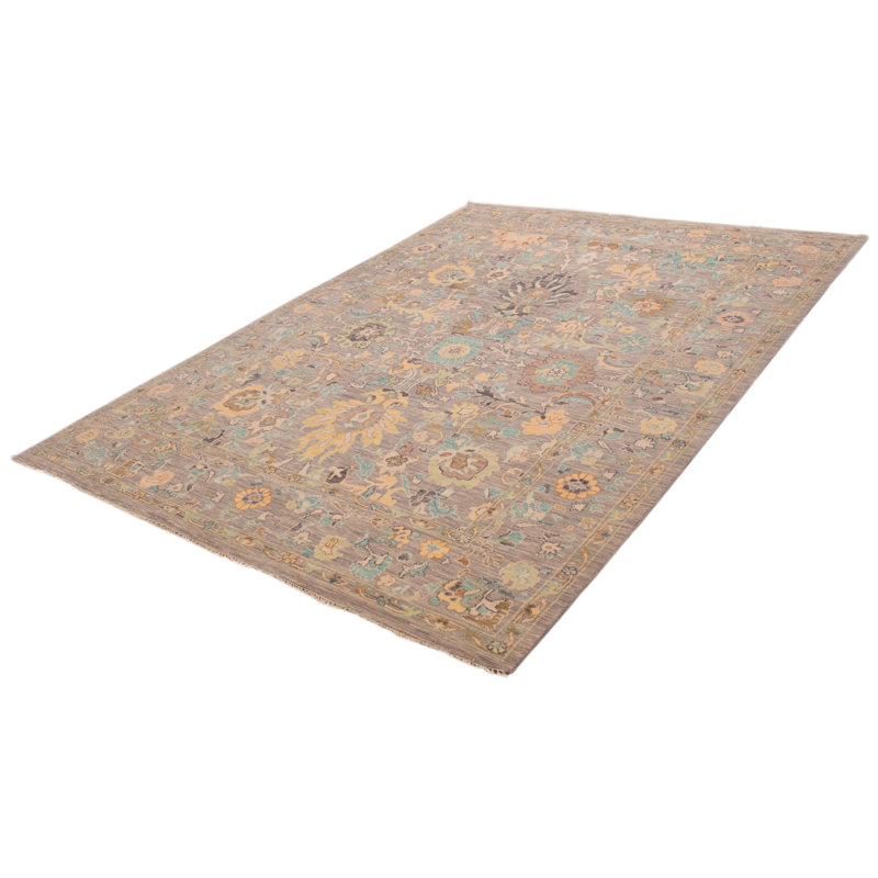Tapis gris Oushak moderne noué à la main de conception unique 10 pi 0 po x 14 pi 4 po
