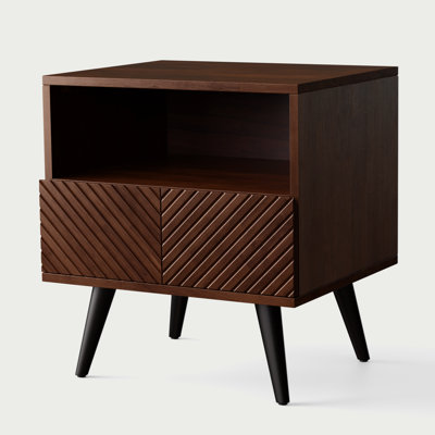 Rhombus Solid Rubber Wood Nightstand with Drawer & Open Shelf