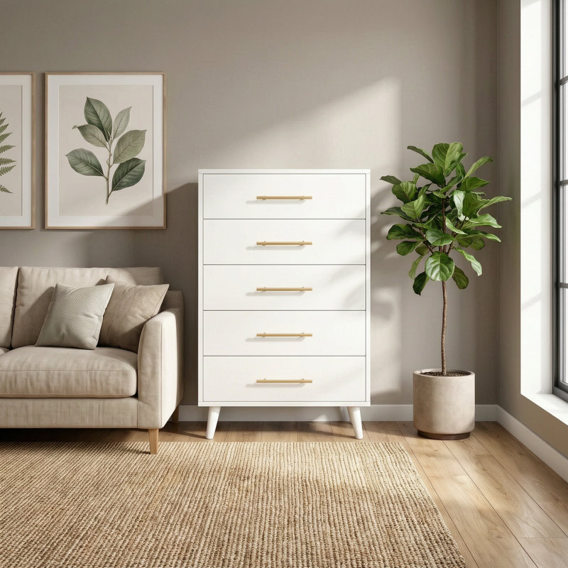 Commode haute 5 tiroirs H 43 pi Jakyria, Blanc