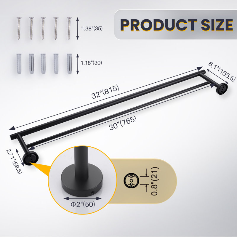 Double barre à serviettes en acier inoxydable SUS 304, porte-serviettes mural pour salle de bain, H 2 po x l 32 po x P 6,1 po