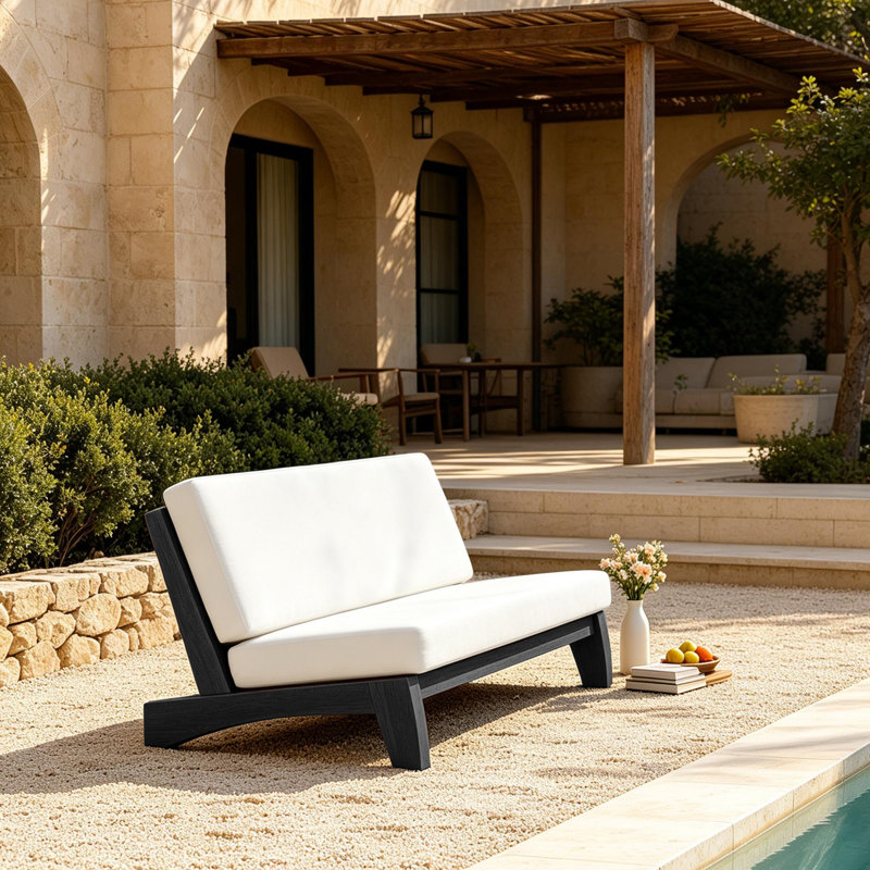 Chaise longue d'extérieur en bois de teck Polett, Beige, Noir