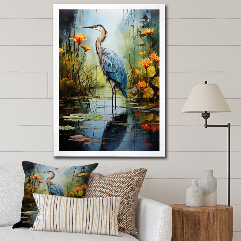 Décoration murale Lason Heron Silent Waters Pointillism I - Heron, Cadre simple blanc, H 20 po x l 12 po x P 1 po