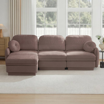 Canapé surdimensionné en L 105 po en chenille de 105 po, canapé à assise profonde avec repose-pieds mobile, coussins ronds et coussins de dossier matelassés exquis, pieds à structure encastrée, assemblage facile, convient au salon, à la poussière de rose
