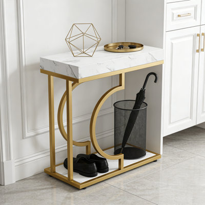 Side Table White Gold C Shaped End Table Modern Bedside Tables Small Chairside Table for Couch, Sofa Table with Metal Frame for Living Room