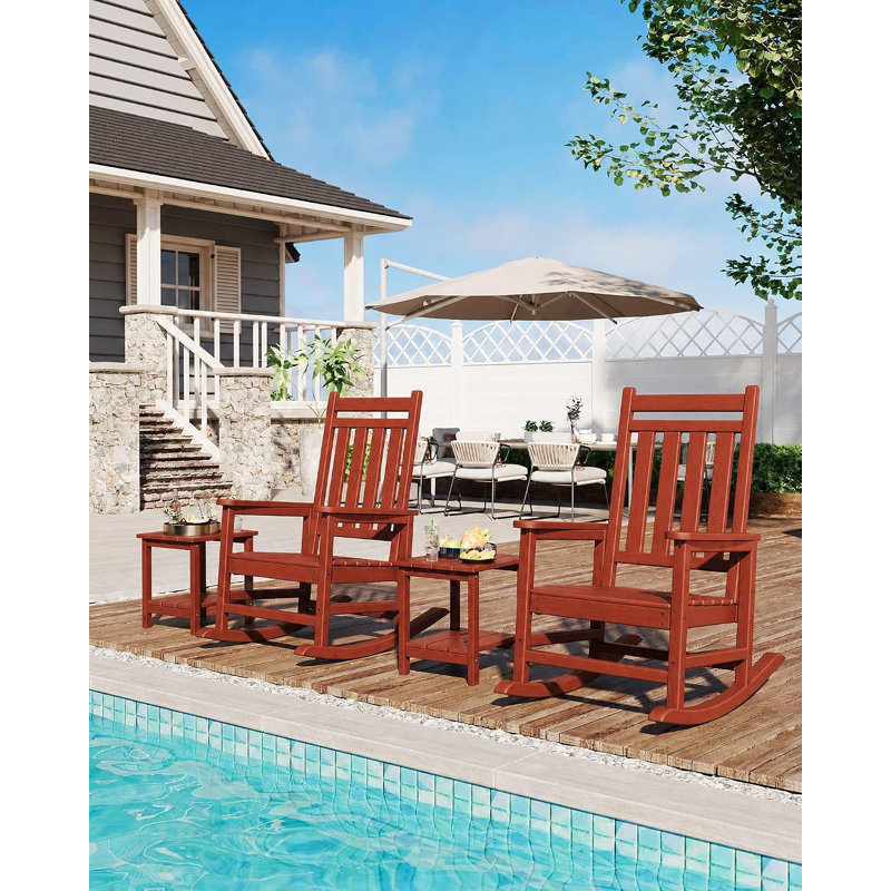 Ensemble de 2 chaises berçantes en PEHD pour l'extérieur avec table d'appoint - chaises berçantes en poly à haut dossier pour adultes - Mobilier de patio résistant aux intempéries - rouge