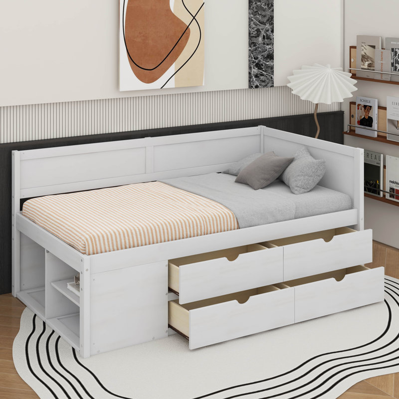 Lit de jour avec tiroirs et tablettes, Lit simple, Blanc