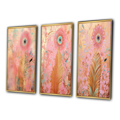 «Boho Glam Gold Feather Pink Flowers», 3 pièces sur toile