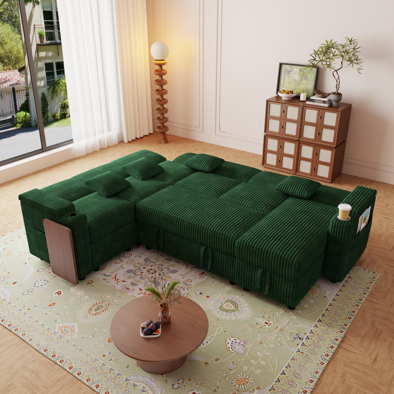 Canapé-lit modulaire convertible moderne de 108 po avec méridienne de rangement, dossier réglable et accoudoirs Tech intégrés (port USB, bureau rétractable, porte-gobelet), velours côtelé haute densité de qualité supérieure