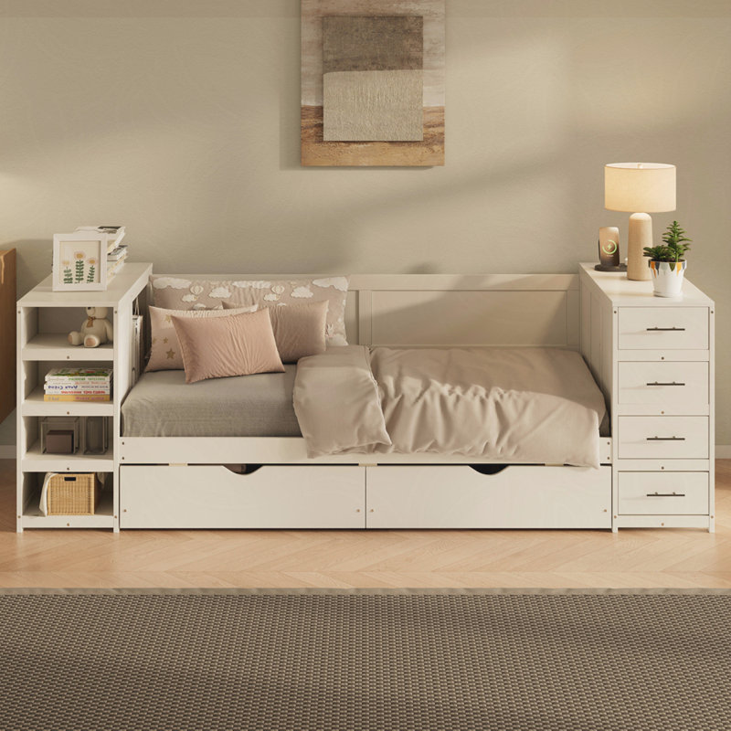 Lit de jour simple en bois blanc avec tablettes latérales et tiroirs, lit de rangement avec bureau multifonctionnel et station de charge pour la chambre à coucher