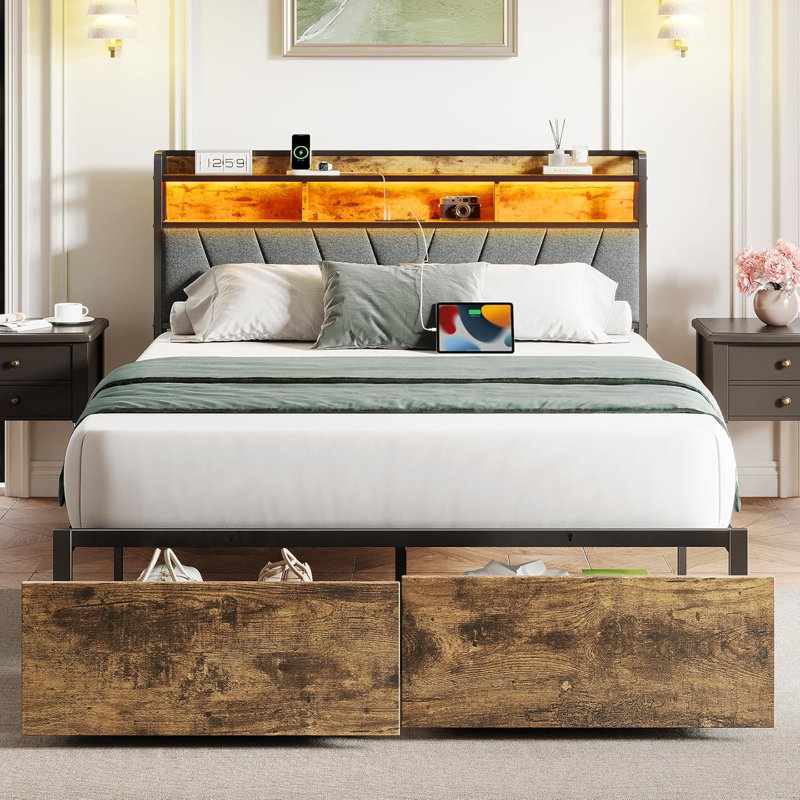 Queen Bed Frame with LED Light and Charging Station, Metal Platform bed with Storage Headboard, No Box Spring Needed, Brown