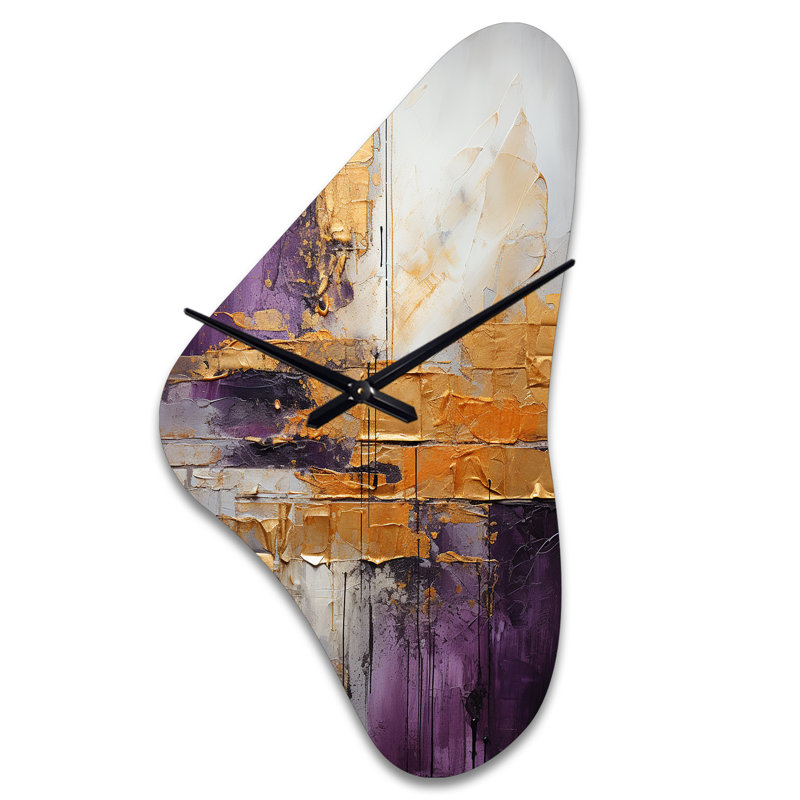 Horloge murale 3D or et mauve à motif abstrait fractal III - Boomerang, Grand