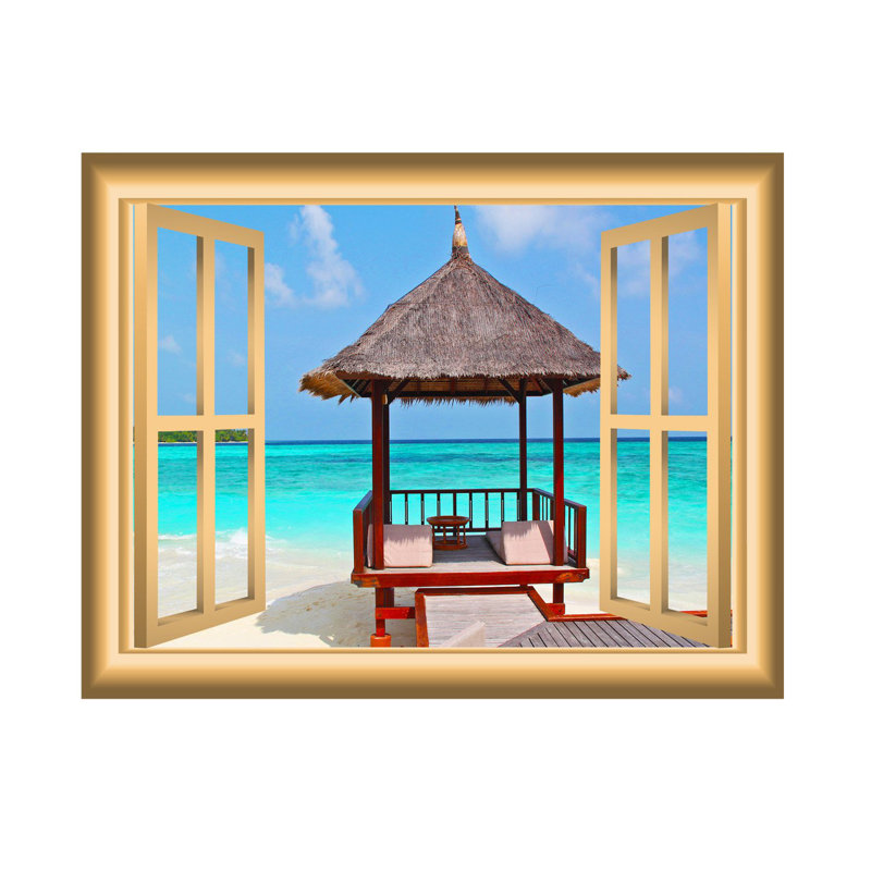 Décalcomanie murale fenêtre beach hut ocean, H 36 po x l 46 po x P 0,01 po