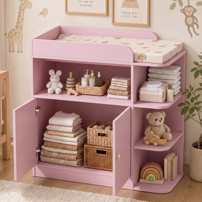 Changing Table Dresser for Nursery, Baby Diaper Changing Station with Large Cabinet, 4 Open Shelves & Crystal Knobs (Changing Top Included, Pad Exclud
