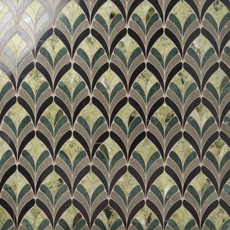 Rosea Floral 14.09 In. X 15.15 In. Polished Marble Mosaic Floor And Wall Tile (7.4 Sq. Ft. / Each), Verde Green