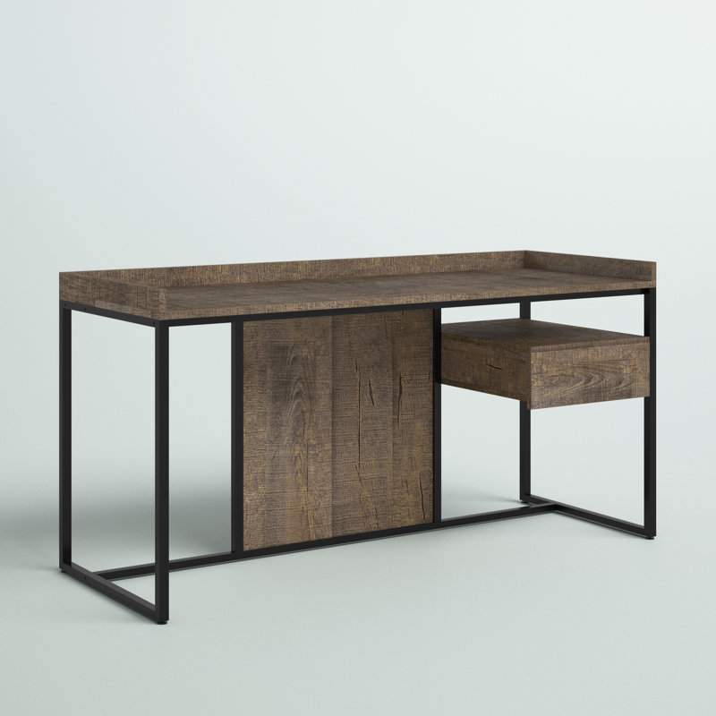Lochlan Steel Writing Desk with Built-In Electrical Outlet, Rustic Oak