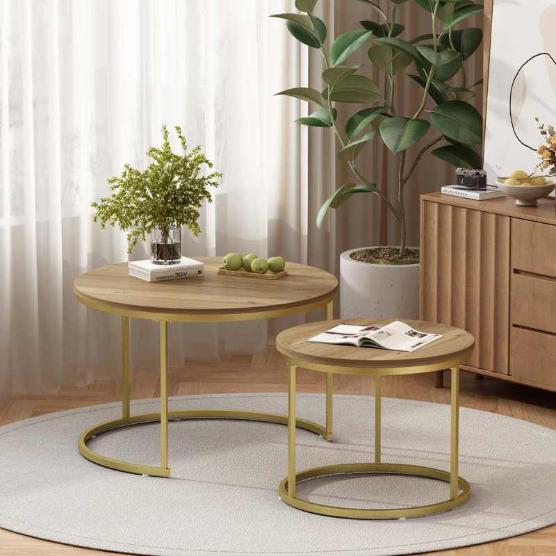 Ensemble de 2 tables basses gigognes rondes en bois avec plateau en bois imitation marbre et structure métallique robuste