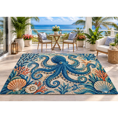 5' x 7' Outdoor Area Rug Blue Octopus Coastal Coral Heavyweight Solid Waterproof PVC Coil Loop Carpet, Heavy Duty Patio Rug, Quick Dry Indoor Outdoor Mat for Porch Deck Balcony RV Camping