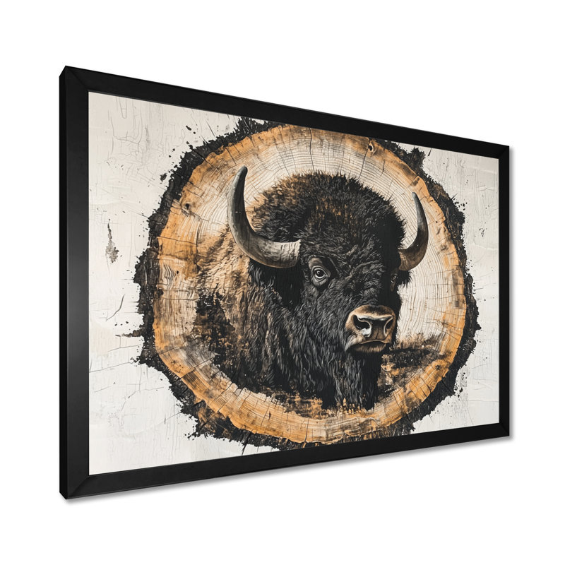 Tête de bison américain Mariluz sur bois, diapositive II - bison, art mural, Cadre simple, Noir, H 12 po x l 20 po