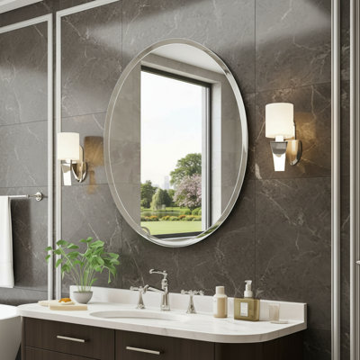 An Oval Frameless Angled Bathroom Mirror, Modern And Elegant, Suitable For Bathrooms, Bedrooms, Dressing Tables, And Entryways.