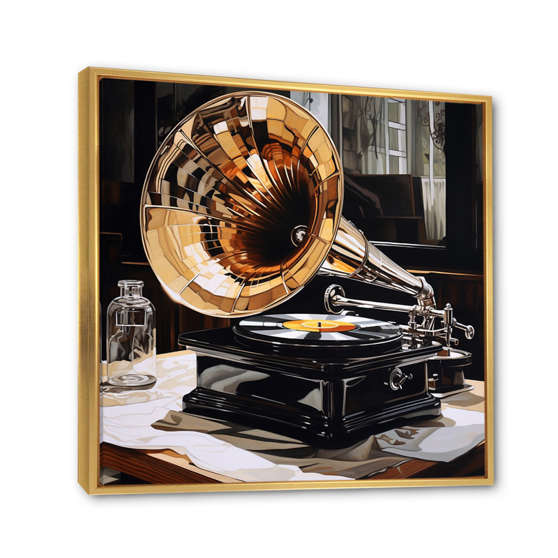 Gold Black Phonograph Reflections - Music Wall Art Living Room, H 30 po x l 30 po x P 1 po, Cadre flottant doré