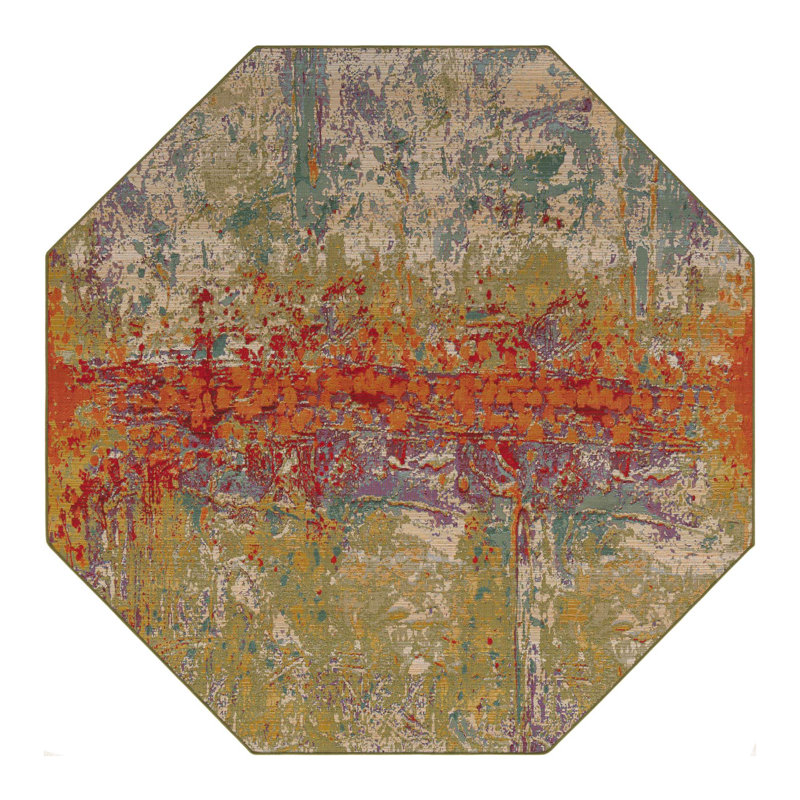 Tapis d'intérieur / extérieur multicolore à motif abstrait Trona, Octogone 7 pi 1 po x 7 pi 1 po