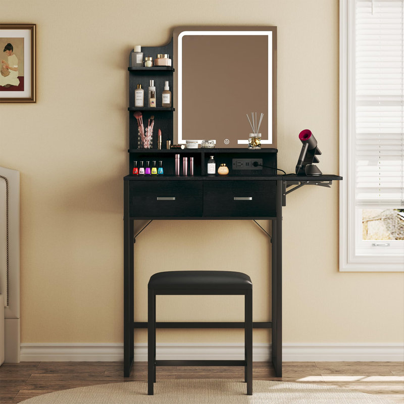 Meuble-lavabo 32,7 po avec tabouret, prise de courant et lumière DEL réglable, Noir