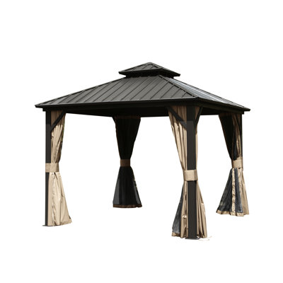10' X Gazebo, Made Of Aluminum And Galvanized Steel, Curtain Netting For A Comfortable Outdoor Area, Brown Gazebo , With Steel Double Roof, Curtains Privacy Comfort,