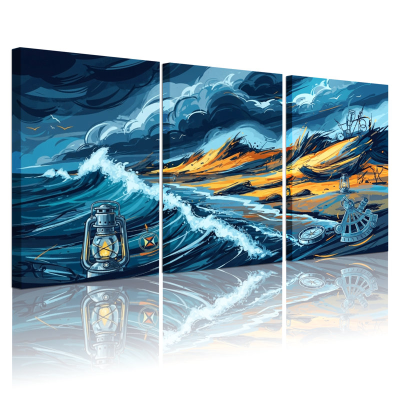 Nautique et plage, tempête, vagues de la mer, lanterne, naufrage, coucher de soleil, boussole, ensemble de 3 impressions sur toile