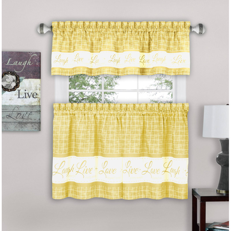 Yellow Live Love Laugh Plaid Window Curtain Set 58x24