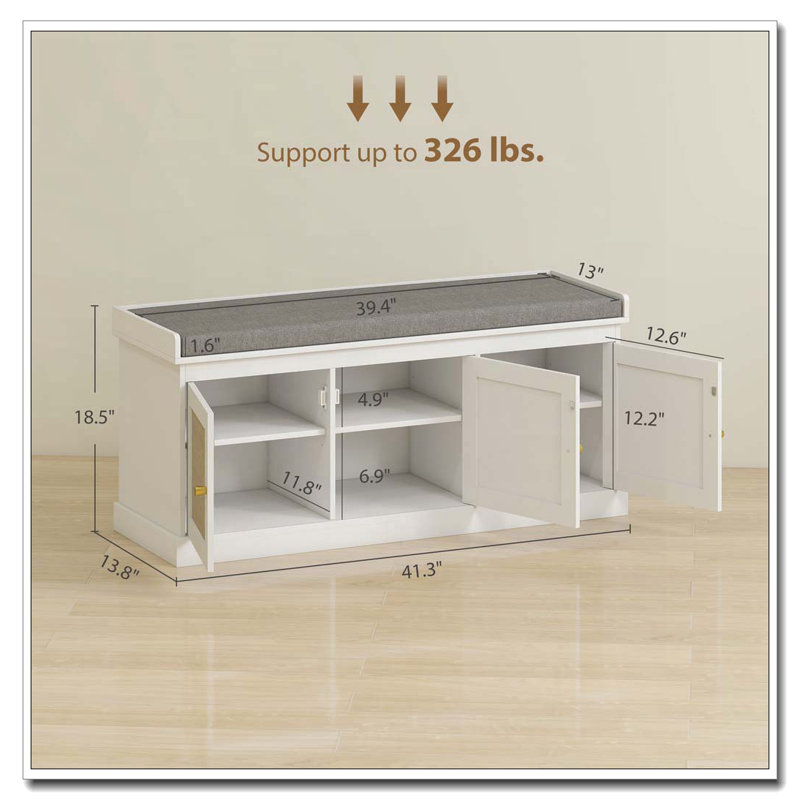 Banc de rangement pour chaussures avec portes en rotin tissé, banc de chaussures avec coussin, Blanc / Gris