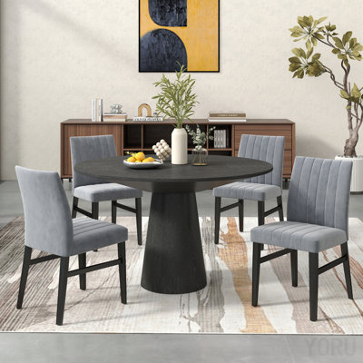 5-Piece Round Dining Set, Pedestal Dining Table With 4 Side Chairs, Gray
