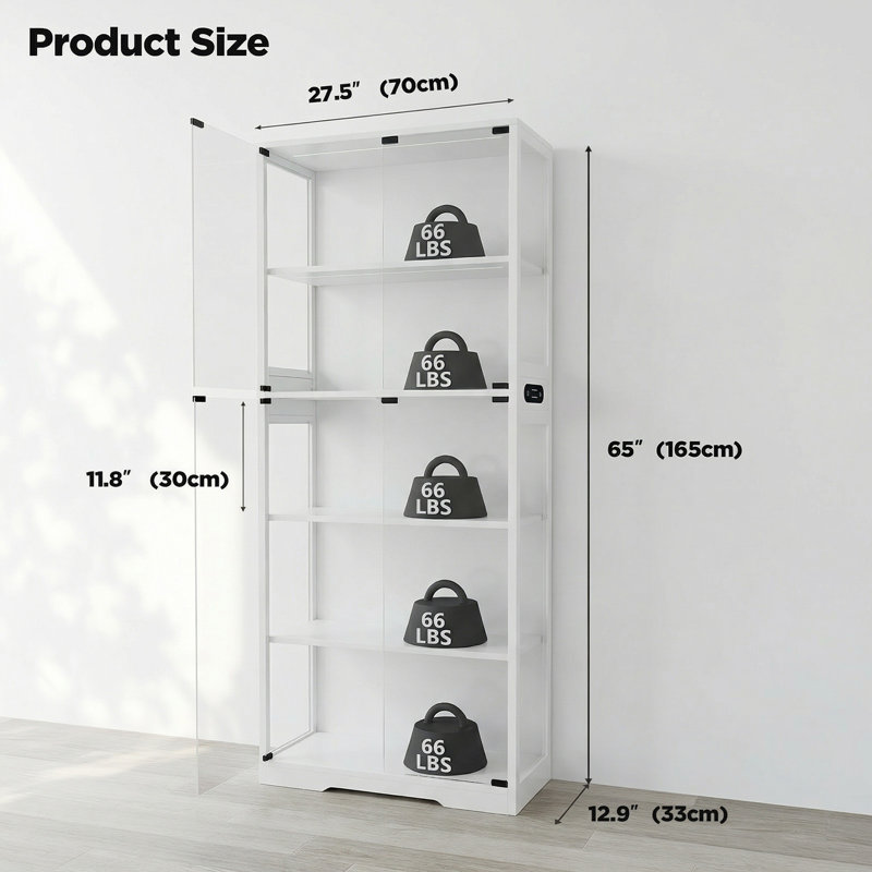 5 Tier Glass Display Cabinet, Curio Cabinet, Dining Cabinet, Bookcase With Adjustable LED Lights, Human Sensor, White