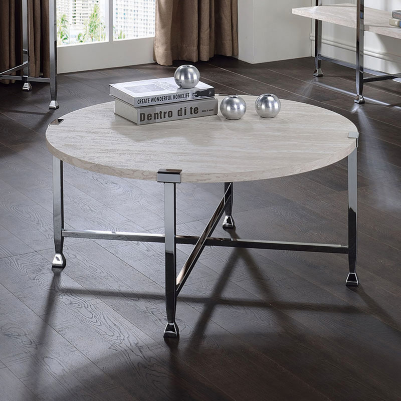 Table basse ronde contemporaine avec plateau en bois et finition en chêne blanc